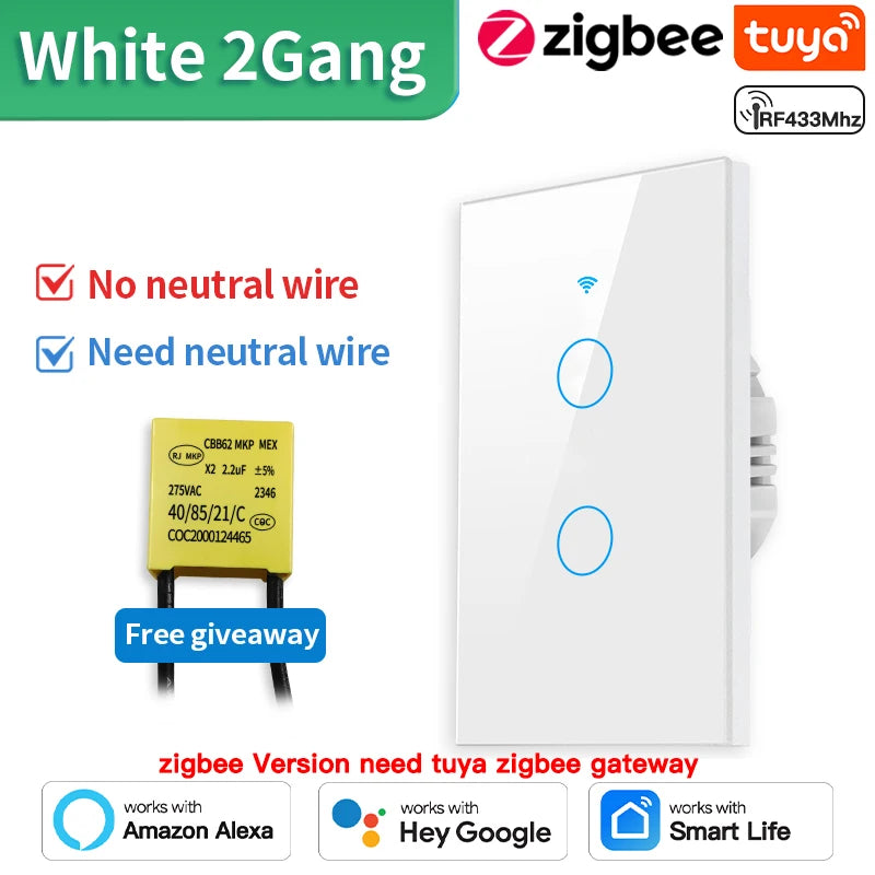 TNCE Tuya US WiFi or zigbee Smart Wall Switch 1/2/3/4 Gang Wire Touch Sensor LED Light Switches Smart Home Alexa Google Home