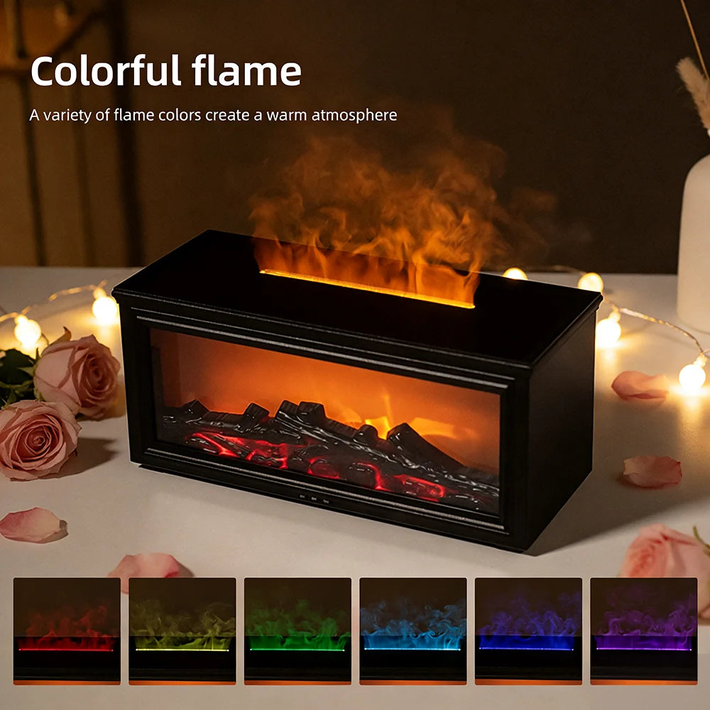 1 Humidificador de aire con difusor de aroma de chimenea con llama simulada, luces nocturnas de colores, temporizador de 3 niveles, alimentado por USB