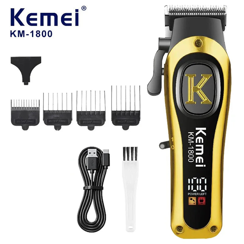 Kemei 1800 Professional Barber Hair Clippers Cordless Electric Hair Trimmers LCD Display Rechargeable Hair Cutting Kit for Men