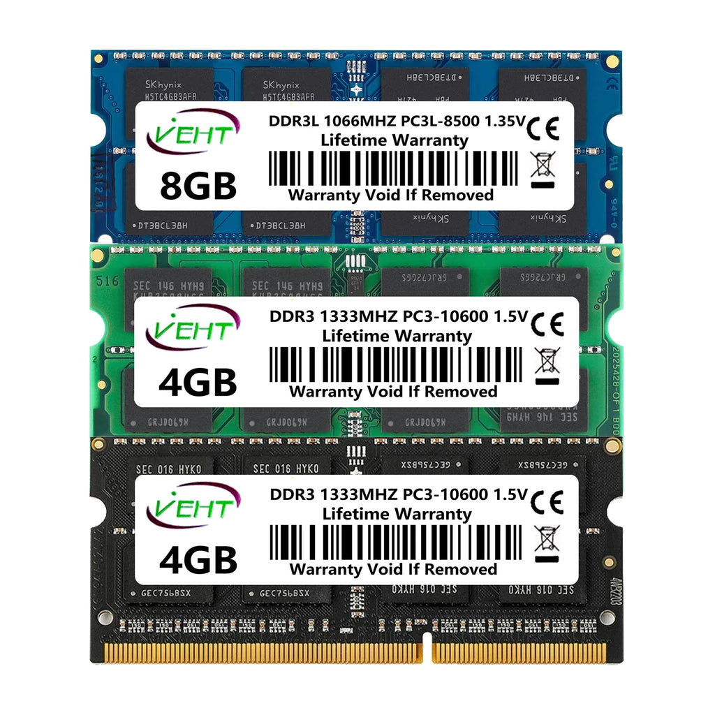 VEHT DDR3 DDR3L 2 Go 4 Go 8 Go SODIMM Mémoires RAM 8500 10600 12800 204 broches PC3 1,5 V PC3L 1,35 V 1066 1333 1600 MHz Mémoire RAM pour ordinateur portable