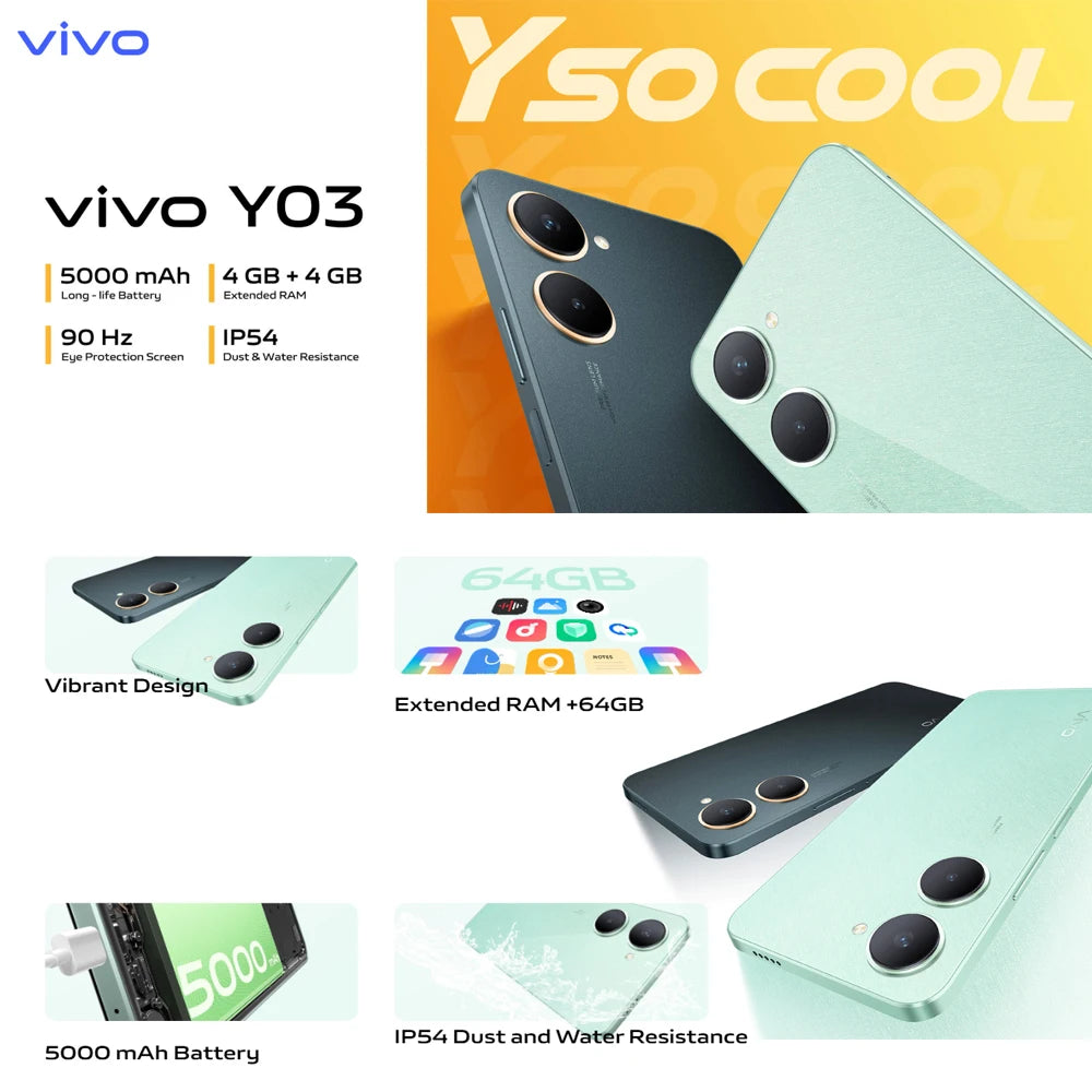 VIVO Y03 4G original fashion smart phone 8GB+256gb large memory/5000mah long standby battery
