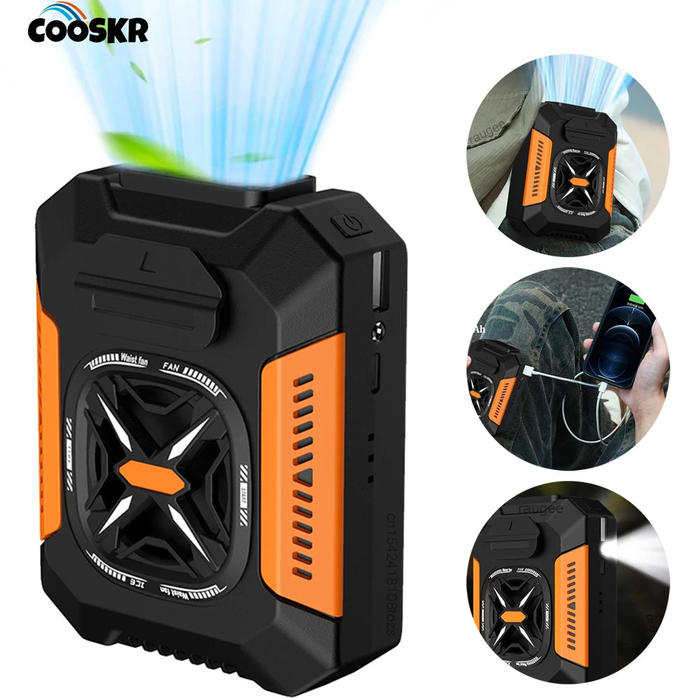 Ventilador de cintura 5000mAh Recargable Portátil Sin Aspas Aire Acondicionado Ventilador de Clip para Cintura para Deportes al Aire Libre con Power Bank Linterna