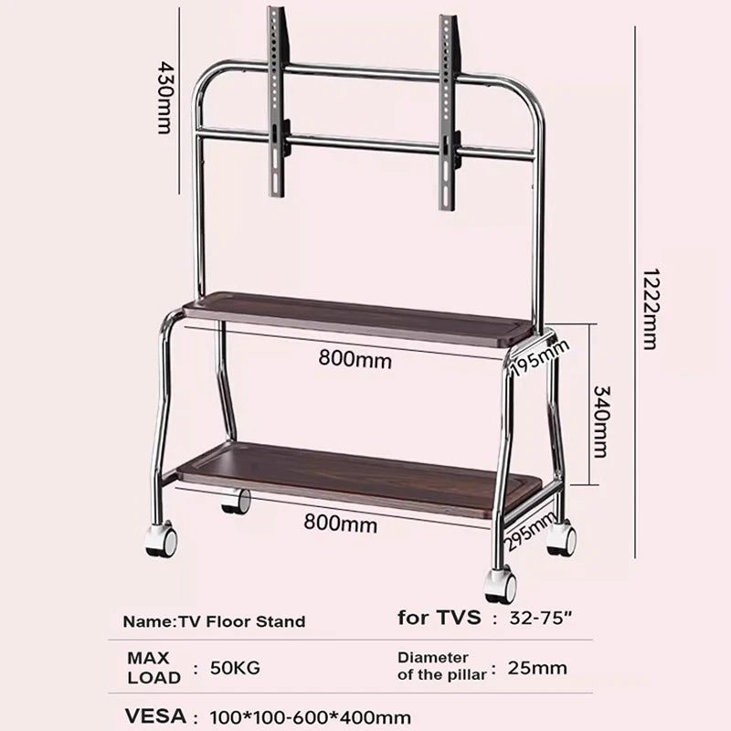 Stainless Steel Rolling Floor Mobile TV Stand for 32-75 Inch LCD LED Screen TVs TV Cart Holds up to 110Lbs Max VESA 600x400mm