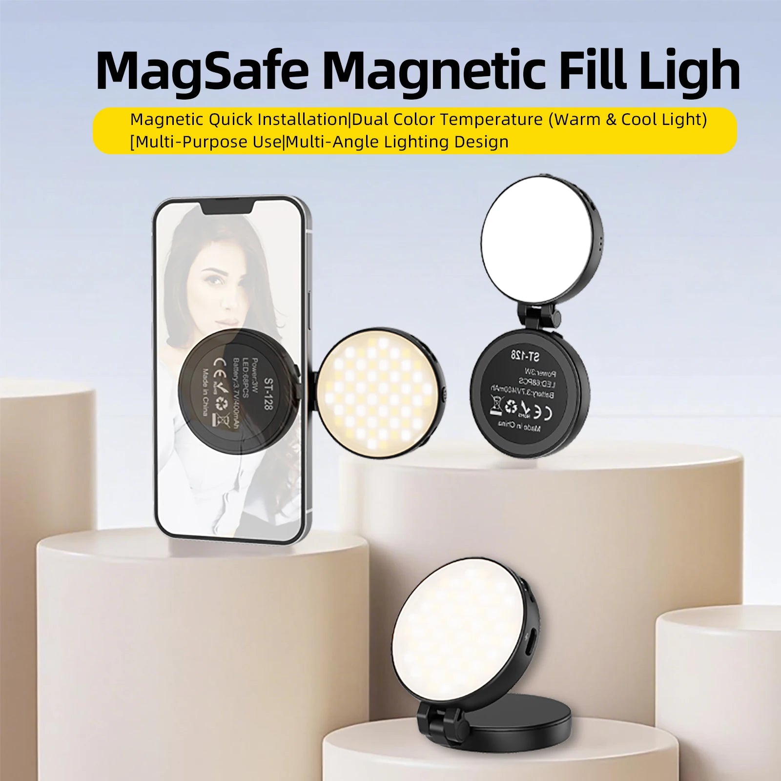Luz selfie magnética plegable 2 en 1 para teléfono con espejo para Magsafe iPhone Luz de relleno Led Anillo Flash Video Fotografía Accesorios
