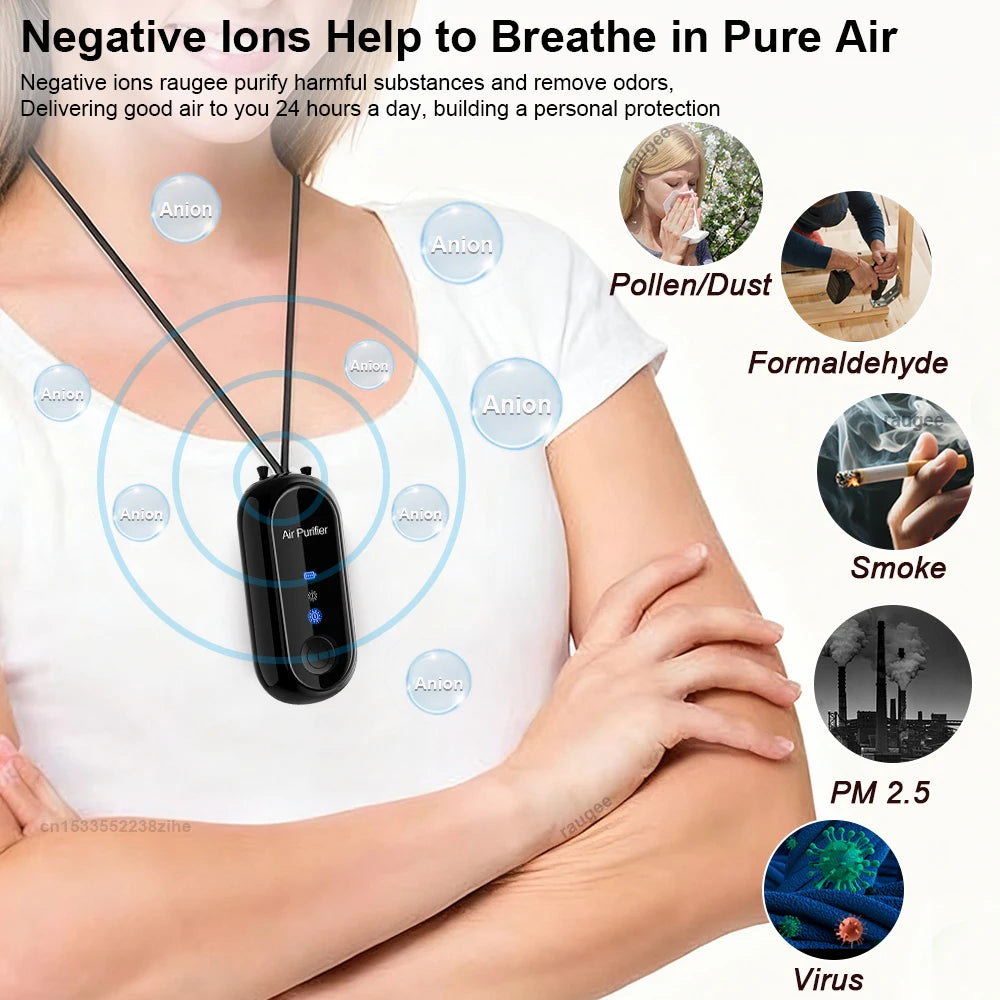 Purificador de aire portátil de iones negativos recargable por USB, mini purificador para exteriores, elimina el humo y olores peculiares, purifica el aire de forma eficiente