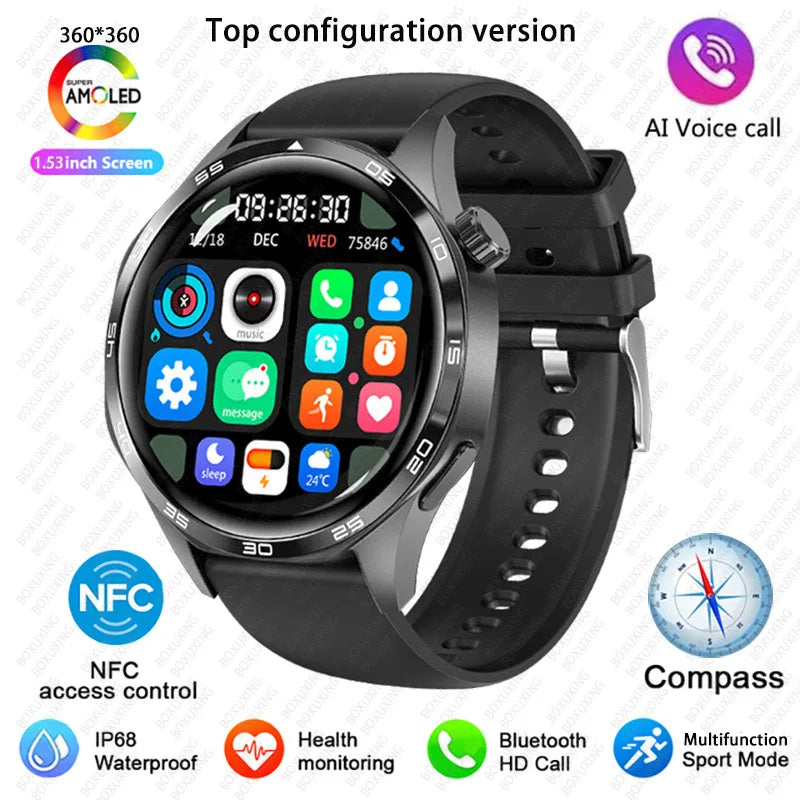 BOXUXING 2026 New Smart Watch Men Watch 5 Pro AMOLED HD Screen Bluetooth Call GPS Trajectory NFC Heart Rate Compass SmartWatches