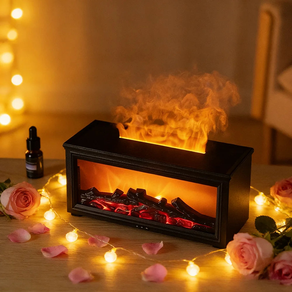 1 Humidificador de aire con difusor de aroma de chimenea con llama simulada, luces nocturnas de colores, temporizador de 3 niveles, alimentado por USB