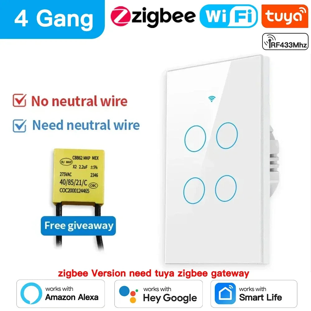 TNCE Tuya US Switch wifi zigbee, 1/2/3/4 gang, No-Neutral/Wire LED light control Wall Button, smart voice with Alexa Google Home