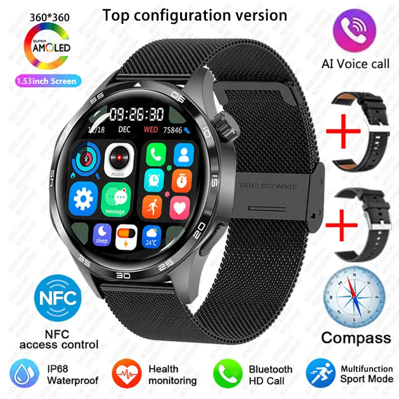 BOXUXING 2026 New Smart Watch Men Watch 5 Pro AMOLED HD Screen Bluetooth Call GPS Trajectory NFC Heart Rate Compass SmartWatches