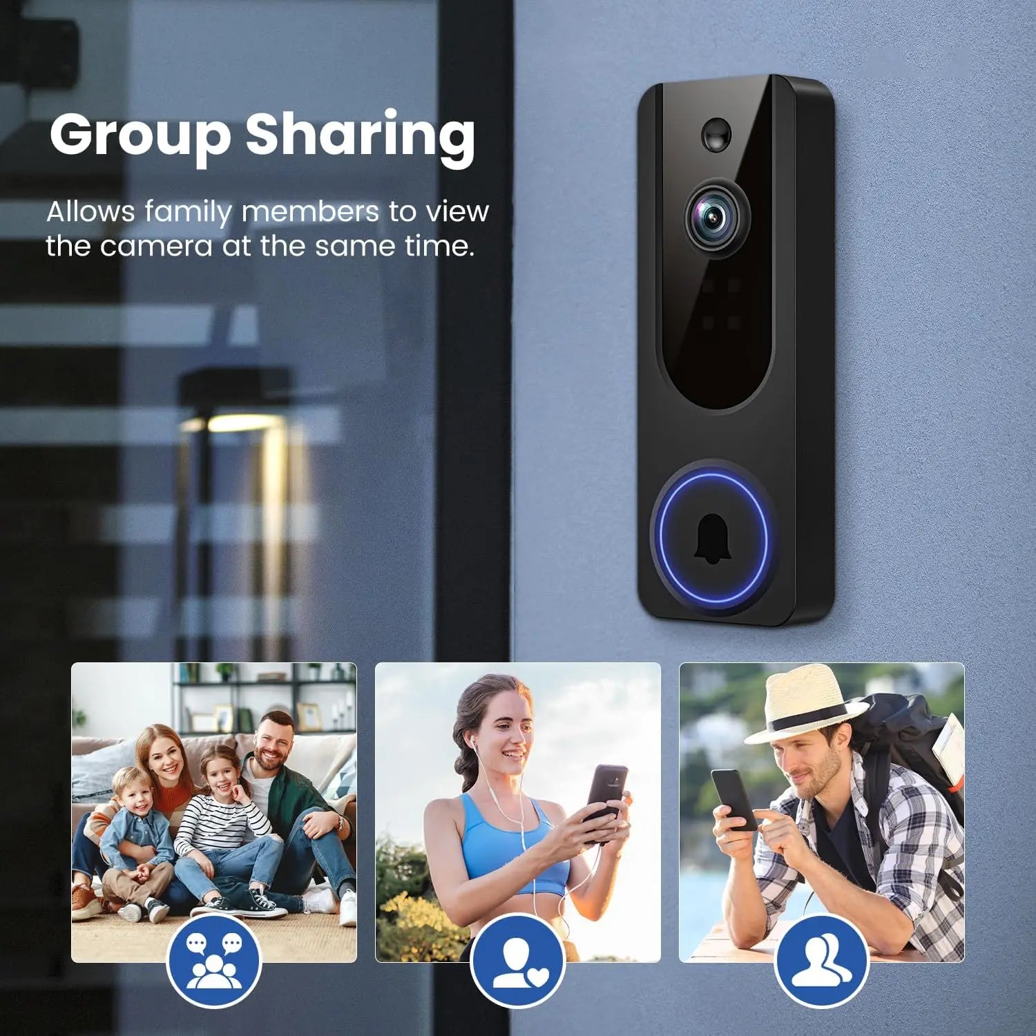 Timbre de Video Inalámbrico con Detección por IA, Visión Nocturna, Audio Bidireccional, Almacenamiento en la Nube para Seguridad Interior/Exterior