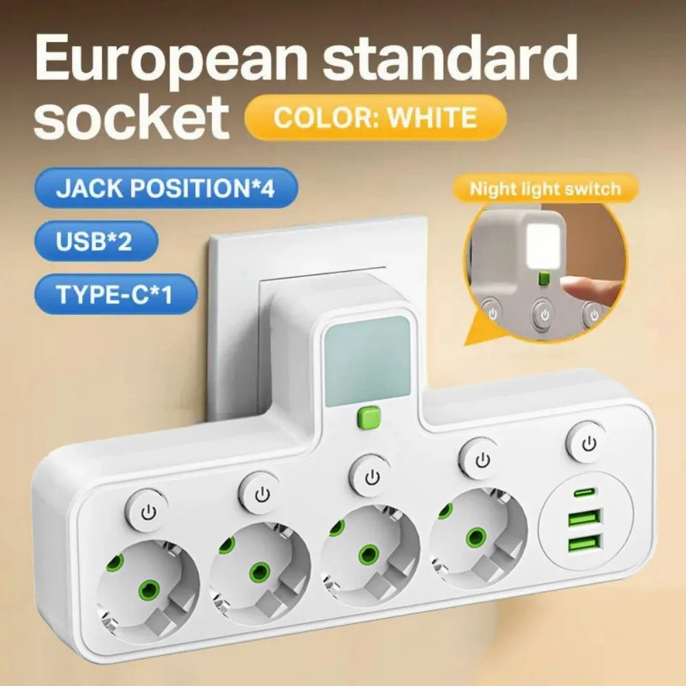 EU Plug Socket 4 Sockets Power Strip With 2 USB Type-C Port Without Extension Wall Charger Adapter For Home Offices