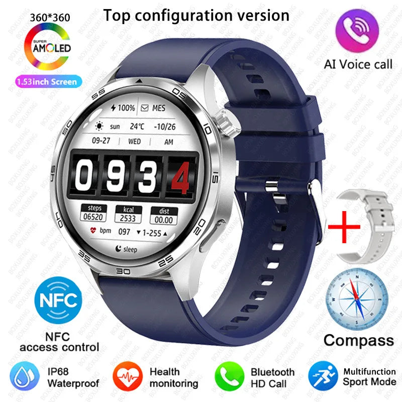 BOXUXING 2026 New GPS NFC Smart Watch 5 Pro Men 360*360 AMOLED Screen Heart rate Bluetooth Call IP68 Waterproof Man Smartwatch