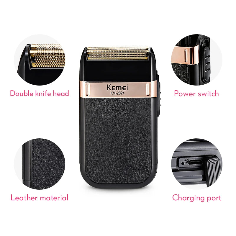 Afeitadora Kemei de doble cuchilla recíproca resistente al agua, recargable por USB, máquina de afeitar eléctrica para hombre, recortadora de barbero
