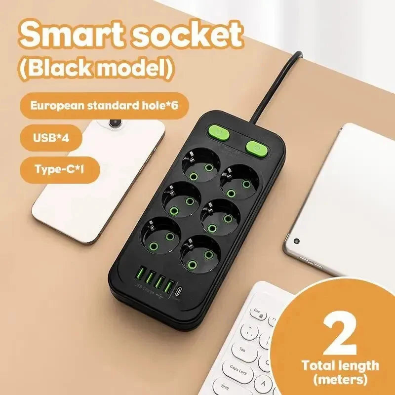 EU Plug Socket 4 Sockets Power Strip With 2 USB Type-C Port Without Extension Wall Charger Adapter For Home Offices