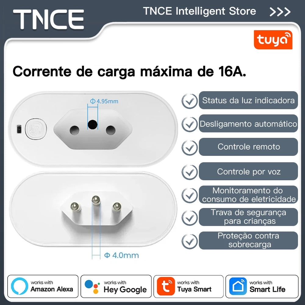 TNCE Tuya Brazil Plug WIFI or zigbee 16/20A socket with Power Monitor, Smart outlet remote control, Voice with Google Home Alexa