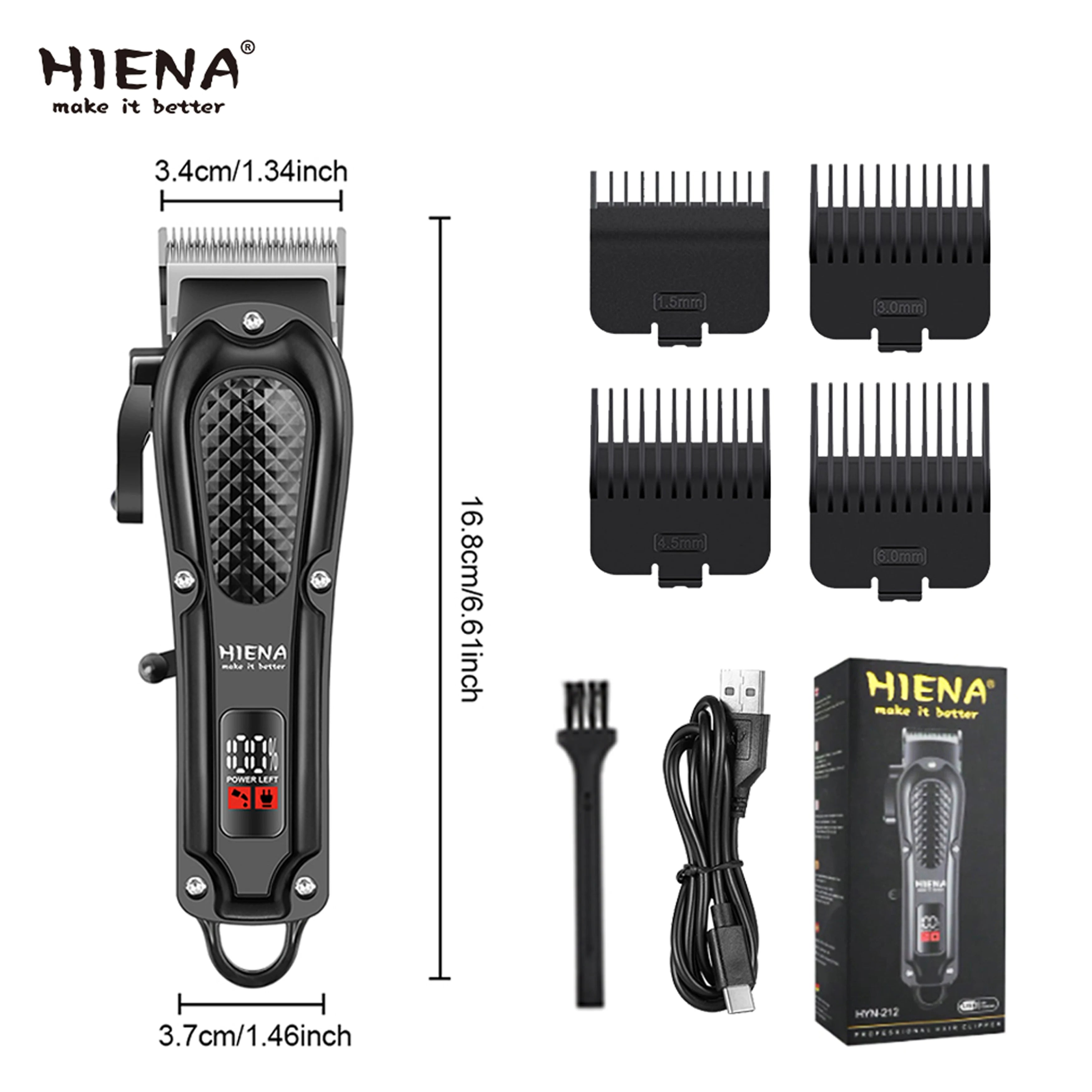 hiena Hair Clipper Professional Hair Cutting Machine Adjustable Hair Trimmer Electric 9000 RPM Barber LED Clipper for Men