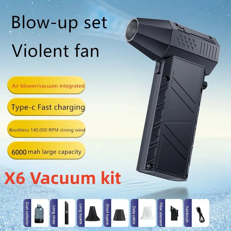Potente soplador de aire X6 200000RPM sin escobillas, ventilador violento, aspirador de polvo, vientos fuertes 53m/s, soplador Turbo Jet, recarga tipo C
