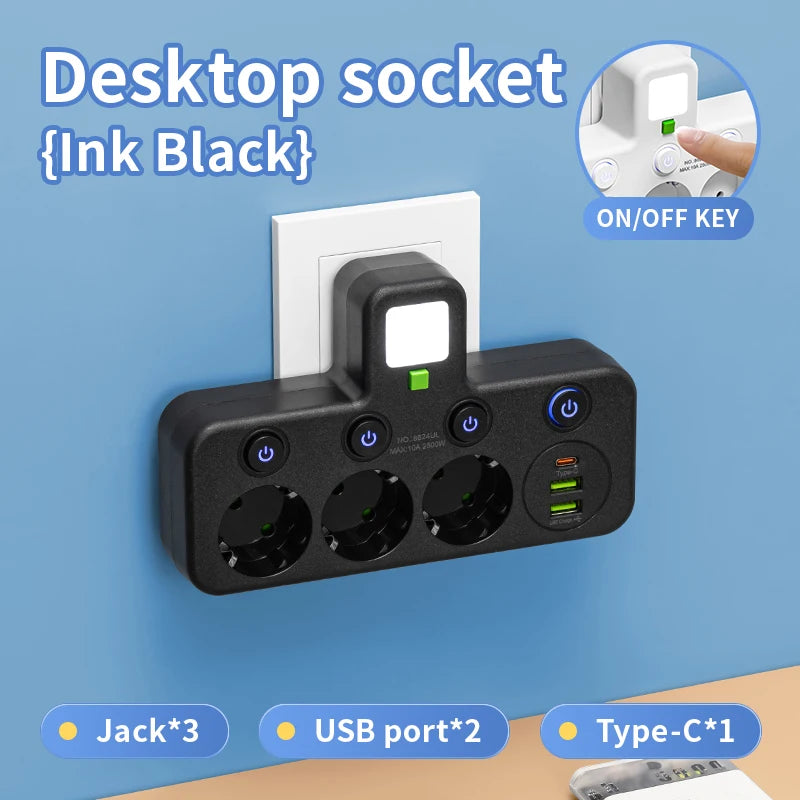 EU Plug Power Strip Outlets,4 Sockets with 2 USB Type-C port Wall Charger Two specifications for Home Offices Power Socket