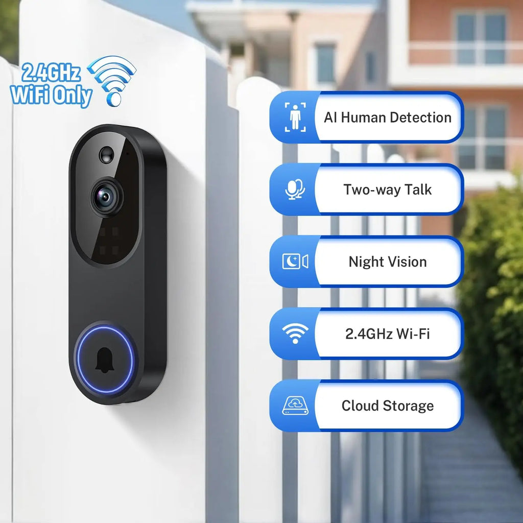 Cámara inalámbrica con timbre de video 1080p con audio bidireccional, visión nocturna, almacenamiento en la nube, detección de movimiento por IA para seguridad en el hogar