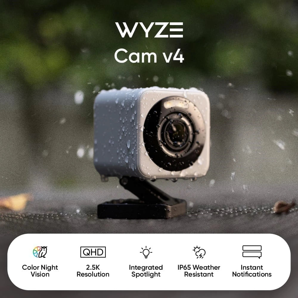 Wyze Cam v4, cámara de seguridad inteligente 2K Wi-Fi para el hogar, audio bidireccional, foco/sirena activado por movimiento, monitor de mascotas/bebés para interiores/exteriores