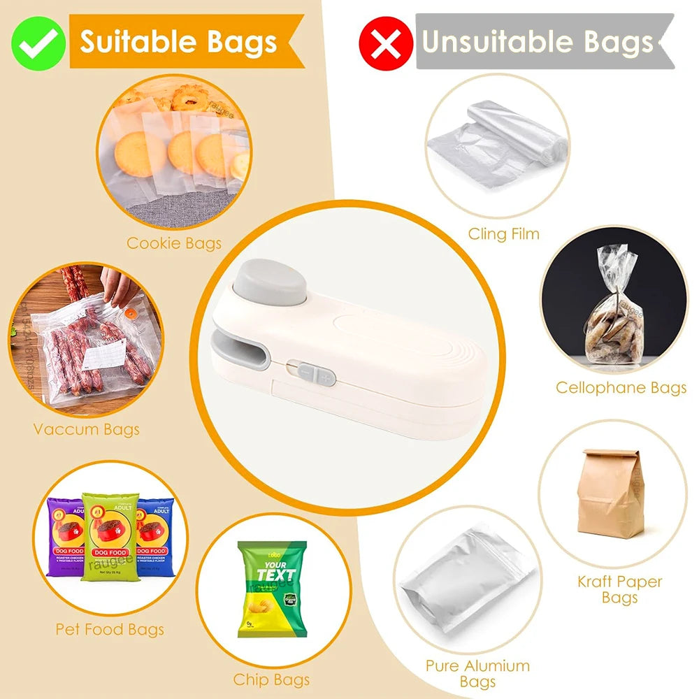 Mini Heat Sealer Food Package Bag Sealing Machine Handheld Portable Seal Food Storage Plastic Vacuum Bag Clip Bag Heat Sealer