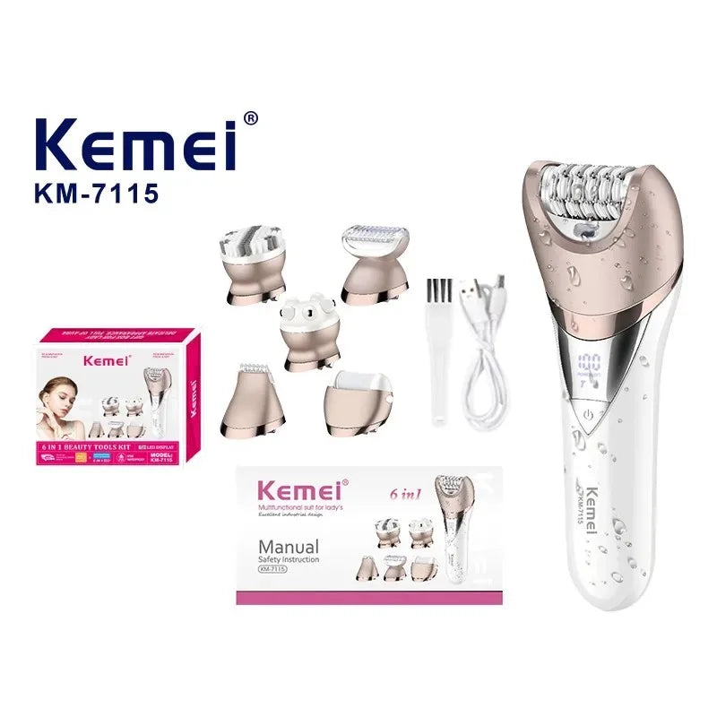 Kemei Bikini Armpit Hair Trimmer Pedicure Electric Razors Body Exfoliator 6 in 1 Epilator Pubic Hair Removal Shaver for Women