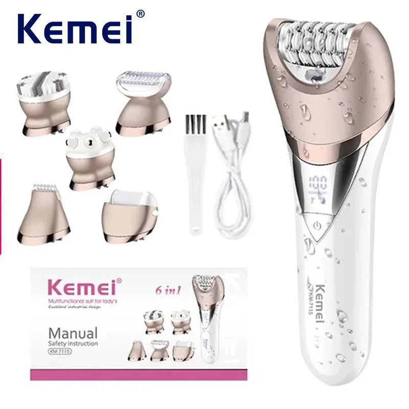 Kemei Recortadora de vello para bikini y axilas, pedicura, afeitadora eléctrica, exfoliador corporal, depiladora 6 en 1, afeitadora para depilación púbica para mujeres