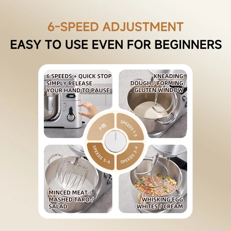 SUNATUR 10L Stand Mixer 1000W DC Quiet Dough Mixer Dual 304 Hooks 6 Speed Electric Food Mixer for Home Commercial