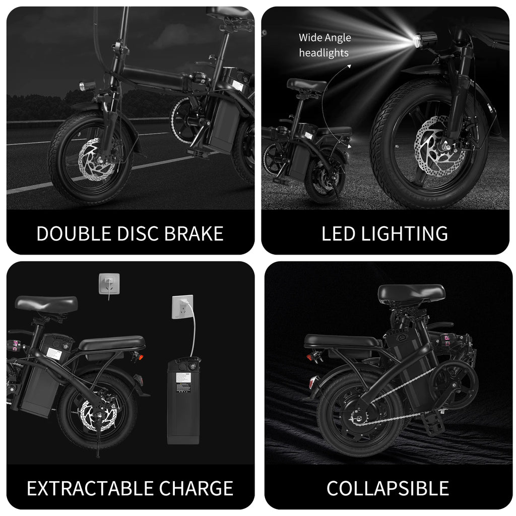 Bicicleta eléctrica para adultos de 500 W, 32 km/h, 48 V 10,4 Ah, con 1 año de garantía y freno de disco doble, bicicleta eléctrica plegable de 14 pulgadas, autonomía de 35 km