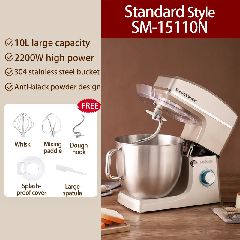 SUNATUR 10L Stand Mixer 2200W Stainless Steel Bowl,6-Speed Timing Fermentation Mixer,1 Year Warranty