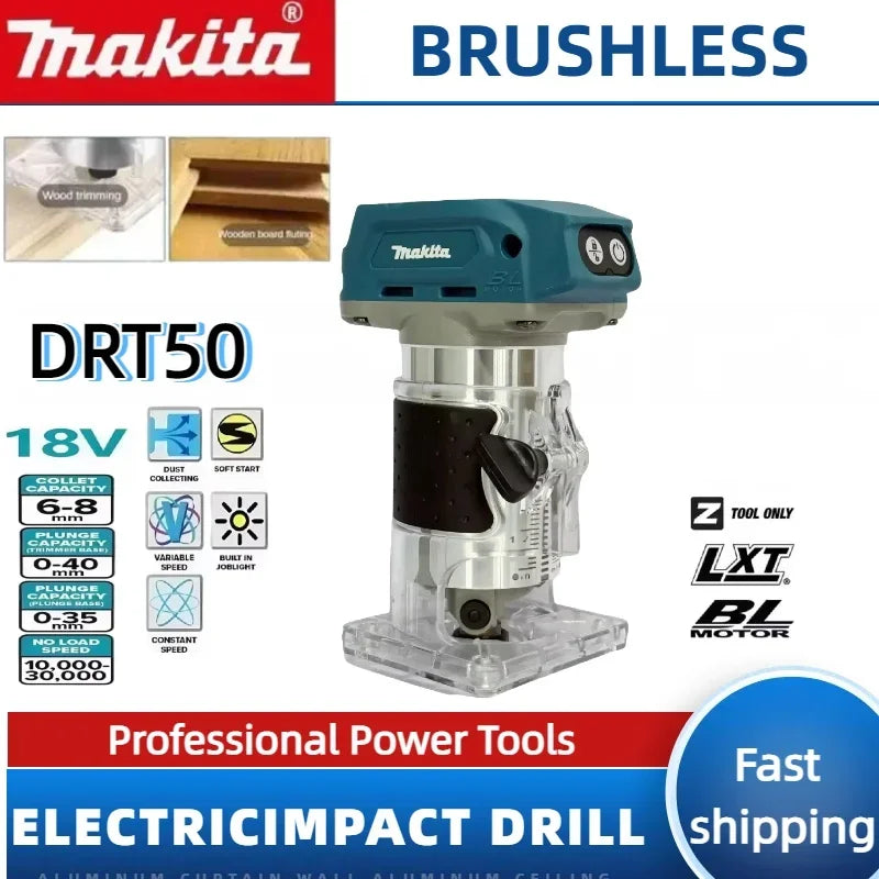 Recortadora inalámbrica Makita DRT50, máquina de recortar recargable, herramienta de ranurado sin escobillas, máquina de grabado de carpintería y fresado