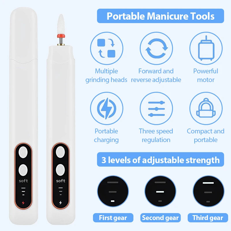 Electric Nail Grinder Nail Polishing Machine with Light Portable Mini Electric Manicure Pen for Gel Removing Polishing Dead Care