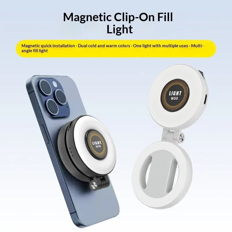 W50 Teléfono móvil Tablet Luz de relleno magnética, Iluminación portátil de mano para disparos horizontales y verticales, Soporte ajustable