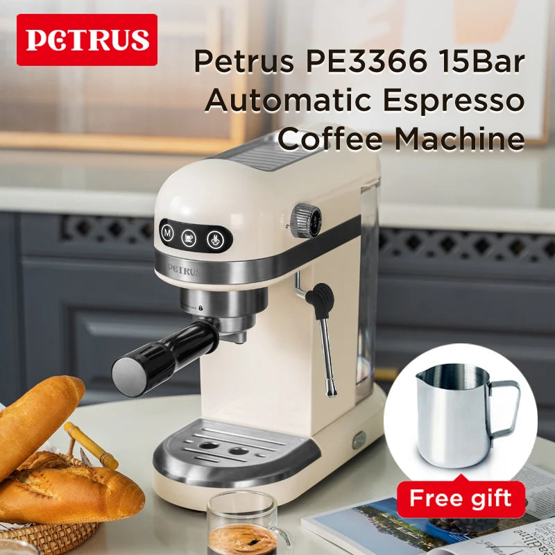 Petrus Espresso Coffee Maker Compact Coffee Machine 15 Bar With Foaming Milk Frother Automatic 2-Cup Shot Touch ConControl(220V)
