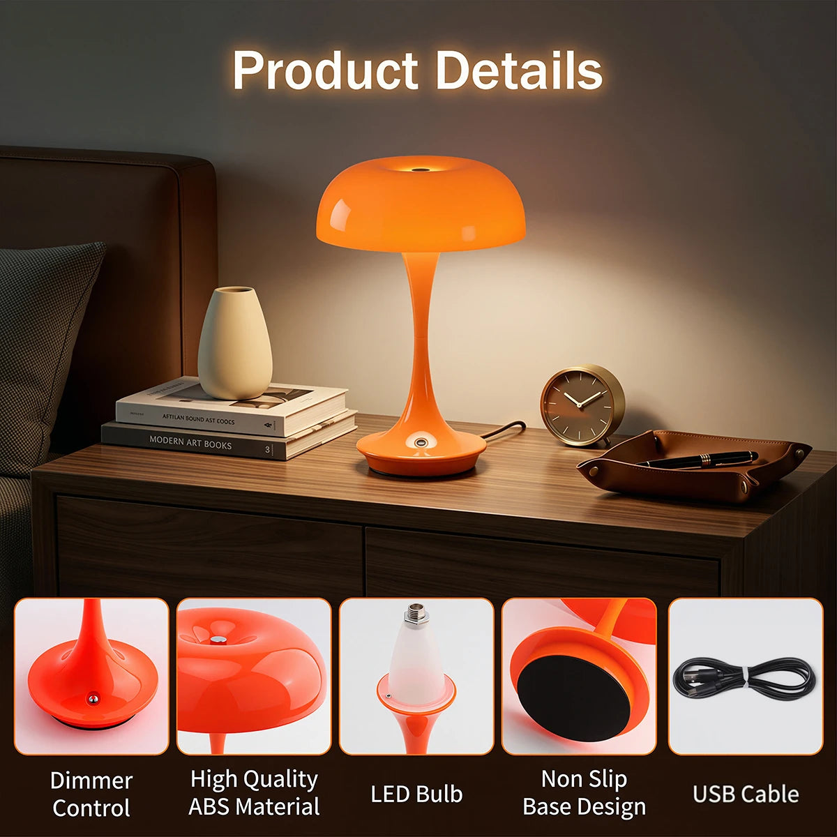 Cute Mushroom Table Lamp Touch Control 3Color Dimmable LED Night Light Cordless USB Rechargeable Bedside Lamp for Bedroom Office