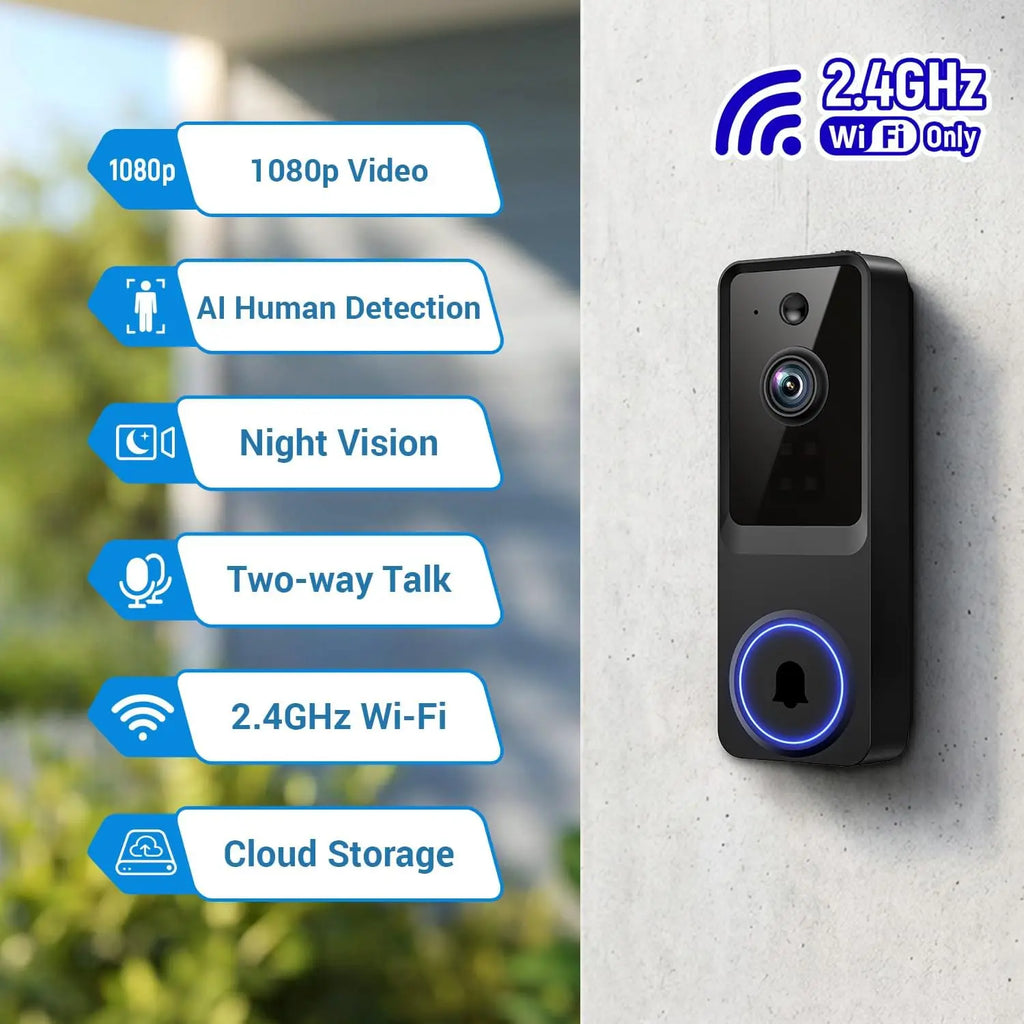 Cámara de timbre de video inalámbrica con almacenamiento en la nube, visión nocturna, alertas en tiempo real para seguridad del hogar