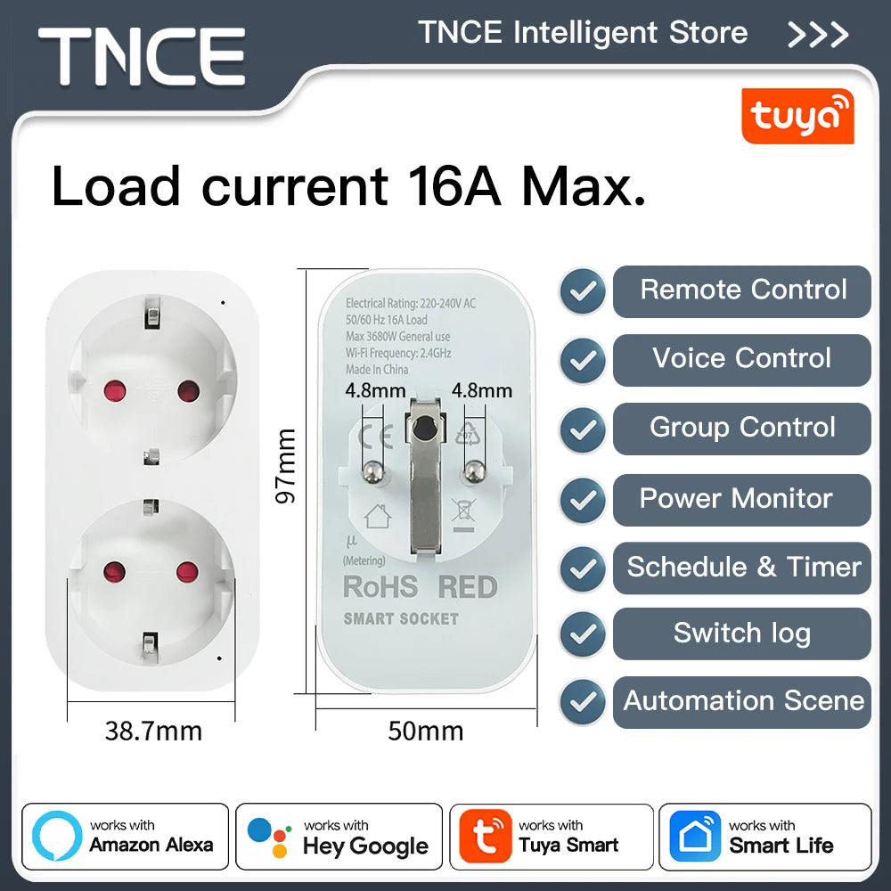 TNCE Tuya EU Plug WiFi or Zigbee3.0 Smart Socket 16/20A, Power Monitor Timer Function Voice Control With Alexa Google Home