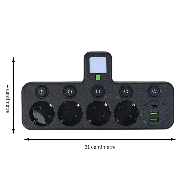 EU plug and socket 4 sockets, multi plug wall power plug and socket without extension cable or USB and Type-C port