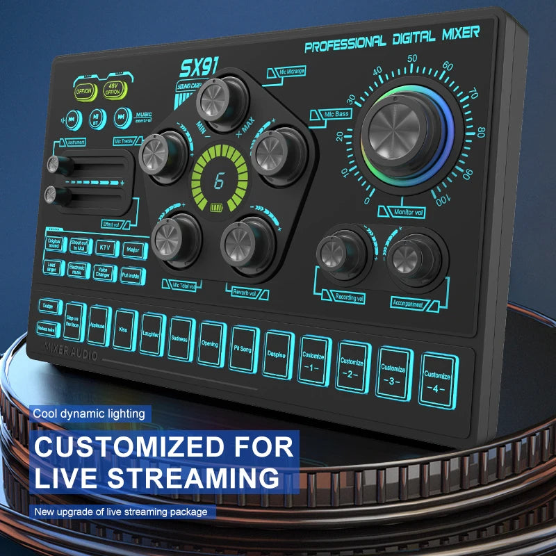 SX91 48V Audio Mixer with Voice changer,Podcast Mixer,Sound Card for Phone Gaming Karaoke Studio Live Streaming Podcast