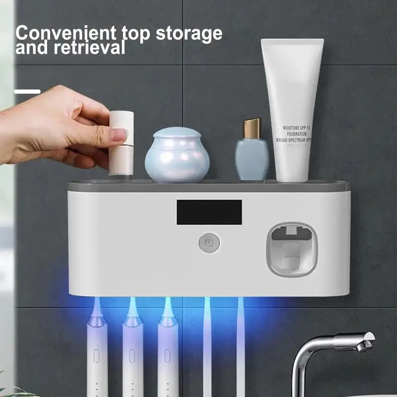 Soporte de pared para cepillos de dientes UV para baño, organizador de cepillos de dientes, dispensador de pasta de dientes recargable por USB, 5 ranuras, accesorios de baño