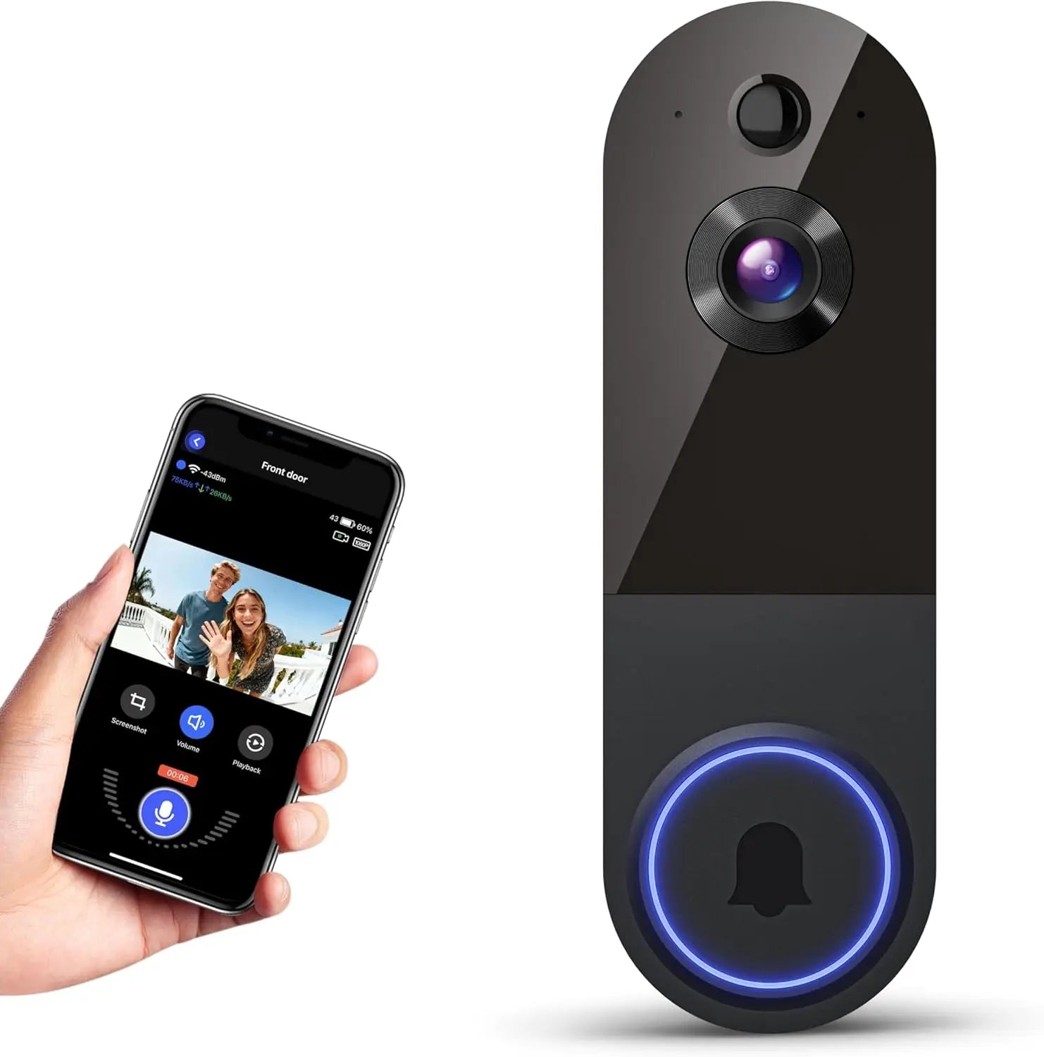 Cámara de vídeo para timbre inalámbrica Wi-Fi con visión nocturna, audio bidireccional, detección de movimiento por IA y almacenamiento en la nube