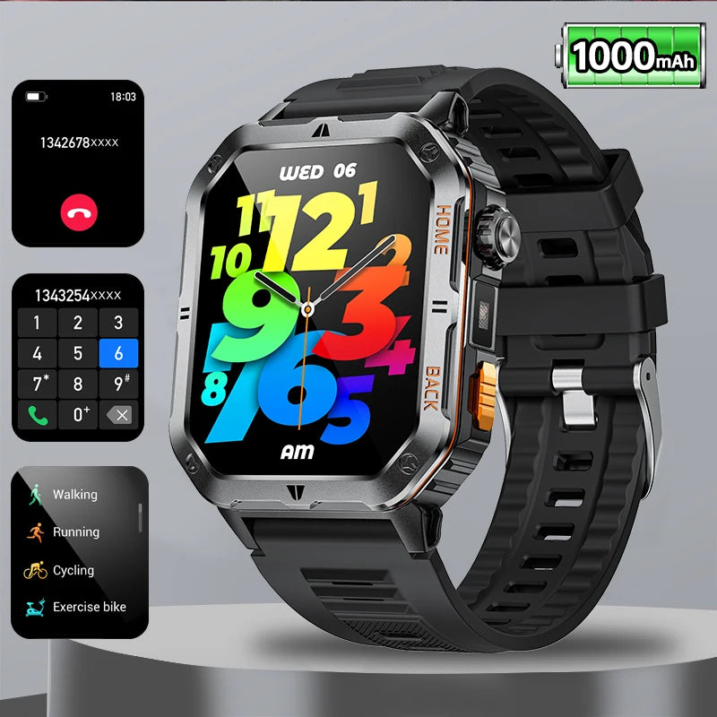 BOALZETD New 1000mAh Big Battery Outdoor Sports Smart Watch 2.01 inch HD Screen LED Flashlight Bluetooth Call Smartwatch For Men