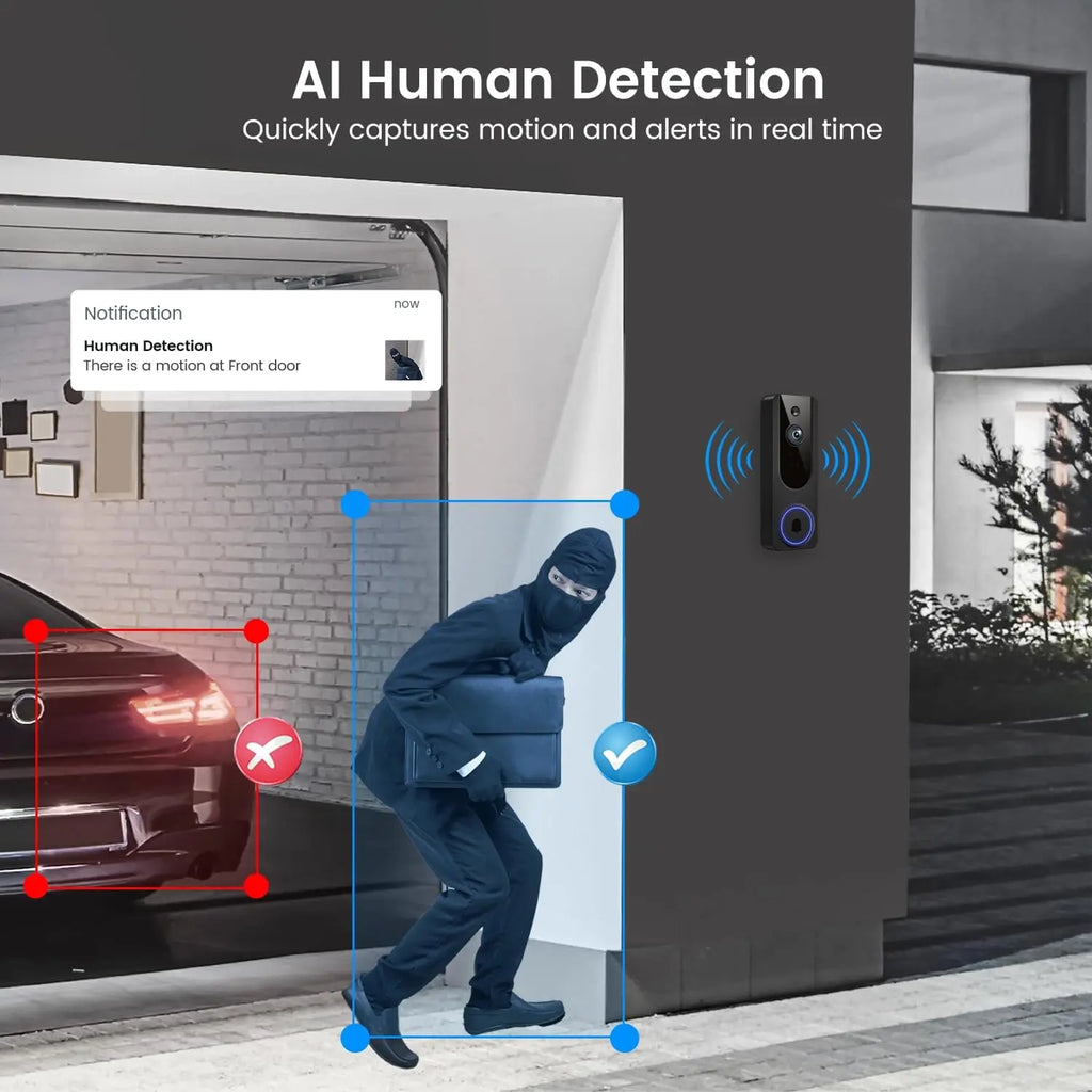 Timbre de Video Inalámbrico con Detección por IA, Visión Nocturna, Audio Bidireccional, Almacenamiento en la Nube para Seguridad Interior/Exterior