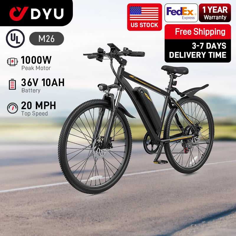 【1 año de garantía】Bicicleta eléctrica M26, motor de pico de 1000W, batería de litio de 360WH, bicicleta eléctrica de ciudad de 26 pulgadas UL2849