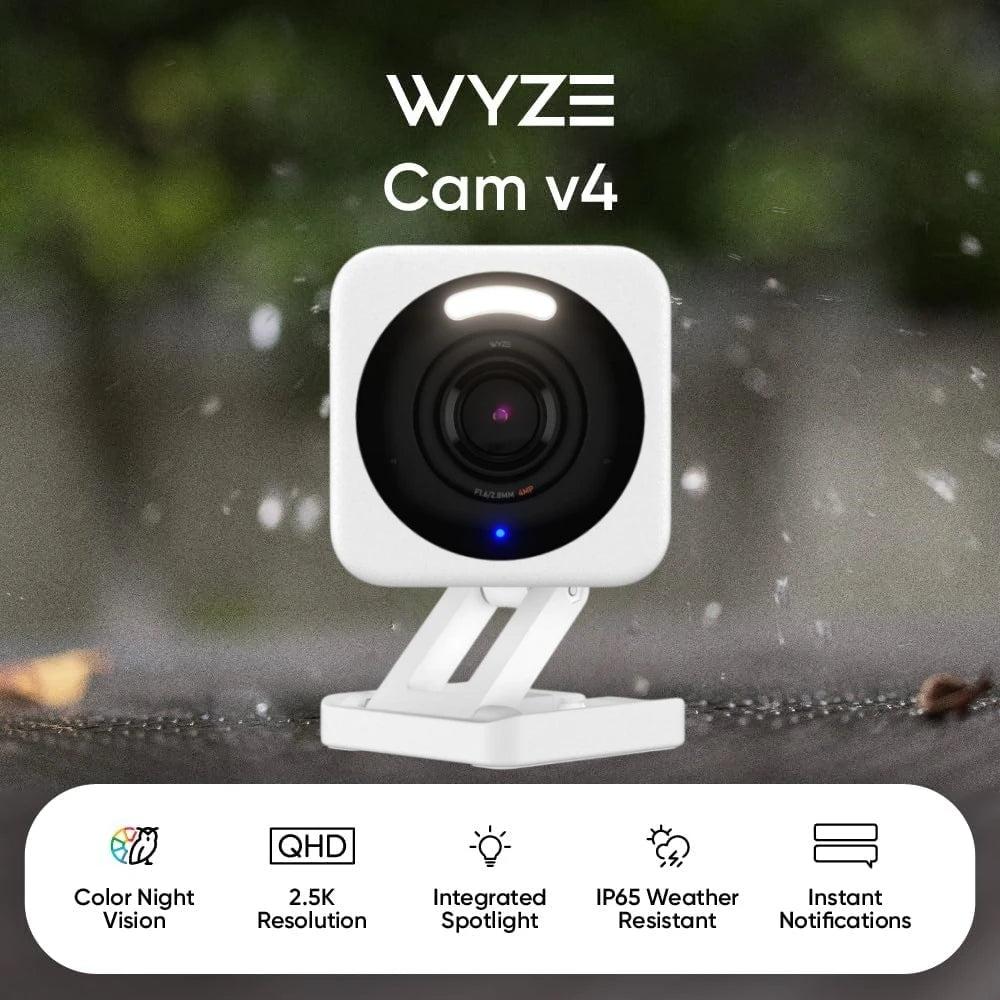 Wyze Cam v4, cámara de seguridad inteligente 2K Wi-Fi para el hogar, foco/sirena activado por movimiento, audio bidireccional, monitor para mascotas/bebés para exteriores/interiores