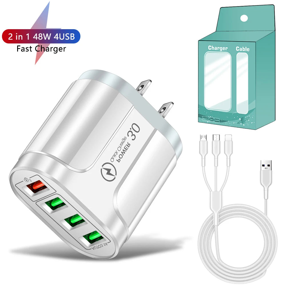 4 USB 45W USB Charger Fast Charge QC 3.0 Wall Charging For iPhone 15 14 Samsung Xiaomi Mobile 4 Ports EU US Plug Adapter Travel
