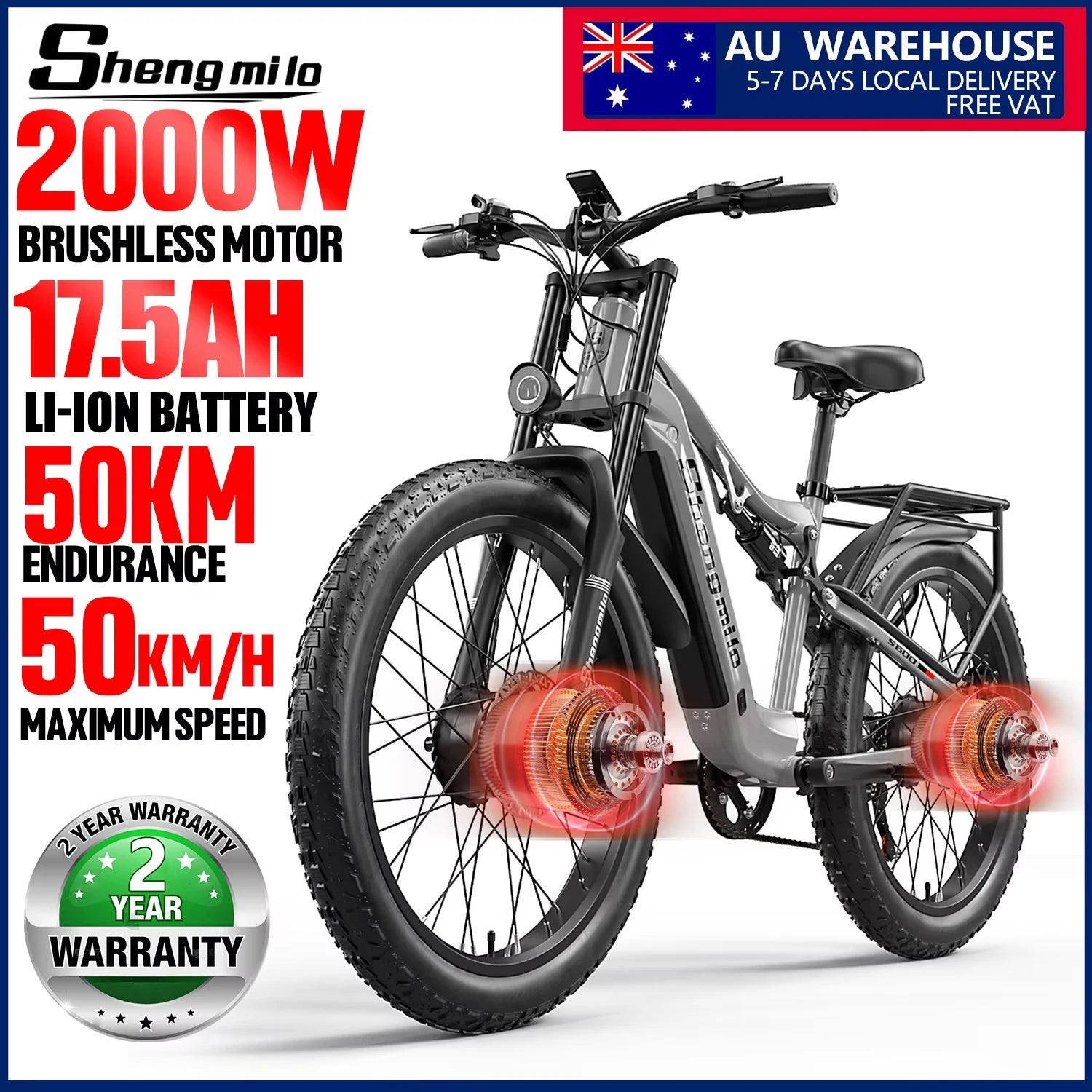 Shengmilo S600 26 inches adult electric mountain bike, 2000W dual motor ebike 7-speed electric bicycle，Fat Tire ebike17.5ah