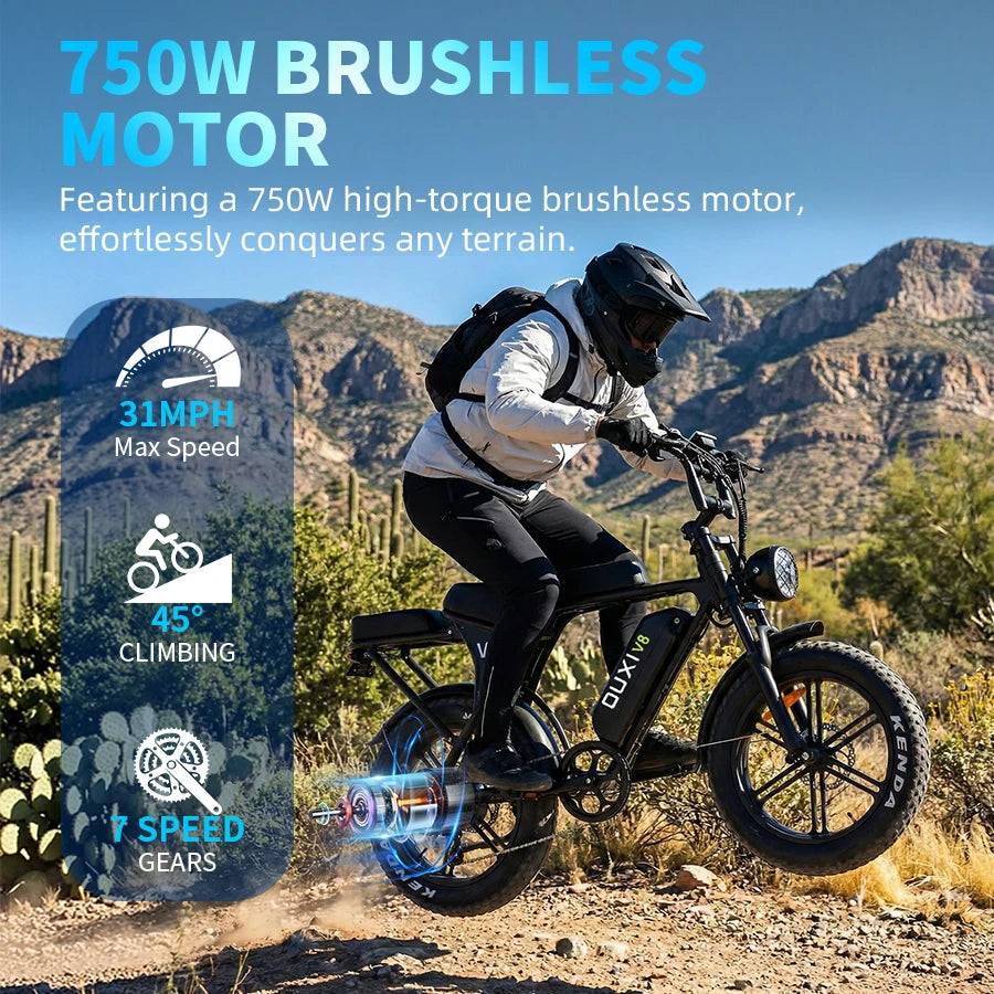 OUXI V8 2-seater Electric Bike 750W 48V 15Ah Electric Bicycle 20'' Fat Tire Dirt Ebike with Hydraulic Brake for Mountain Riding