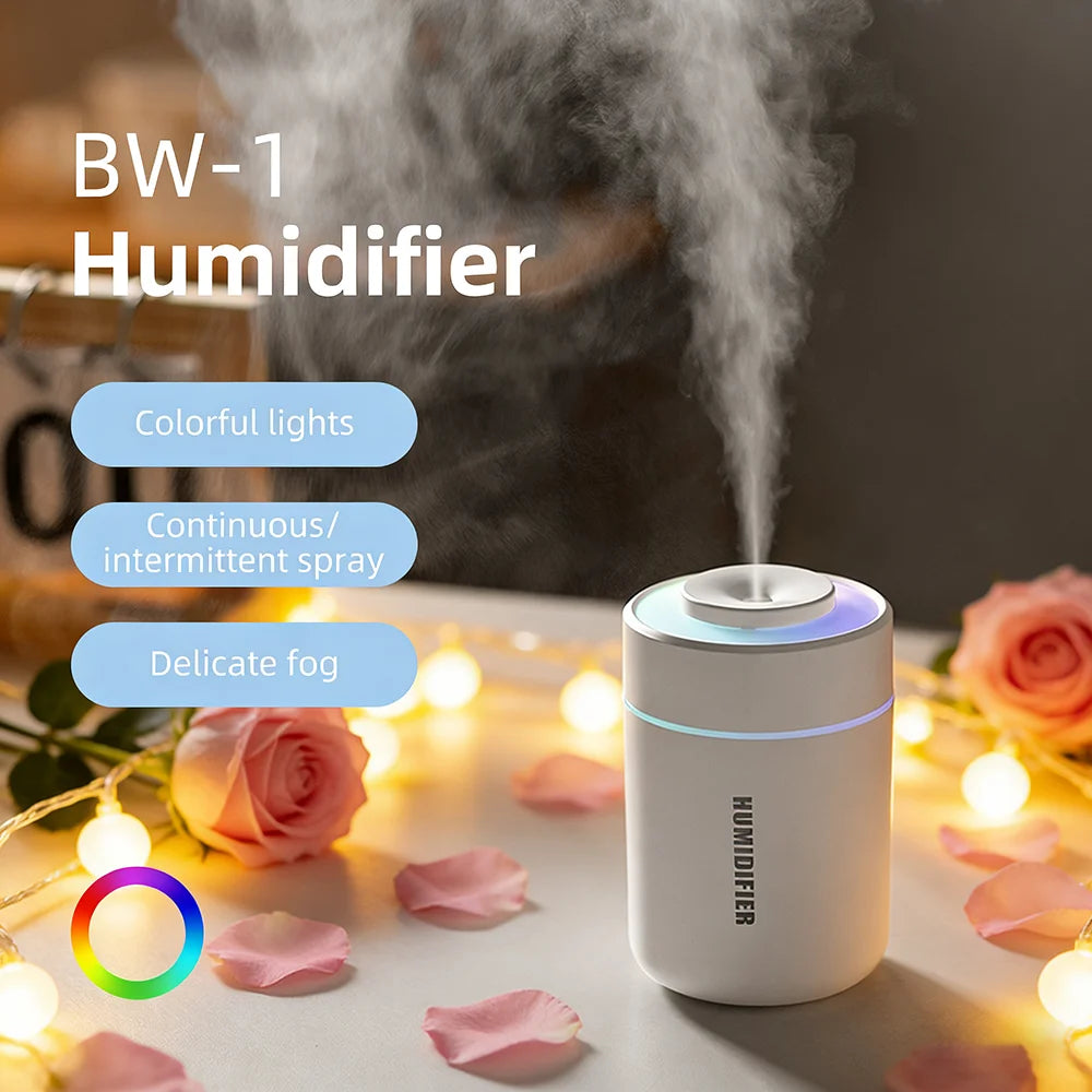 1 humidificador de aire portátil, funcionamiento silencioso, modo de pulverización fina, con luces ambientales - Humidificador USB portátil para uso en interiores