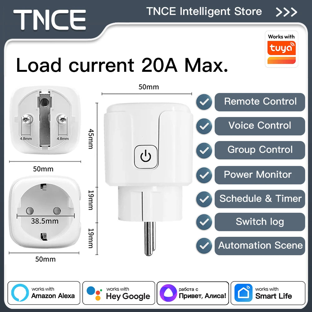 TNCE TUYA EU Plug wifi or zigbee3.0 Smart Socket 16/20A Power Monitor Timing Function Voice Control Works With Alexa Google Home